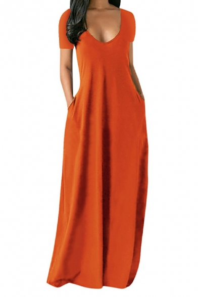 Large Size Dress Women's Short-sleeved Solid Color Sexy V-neck Long Dress