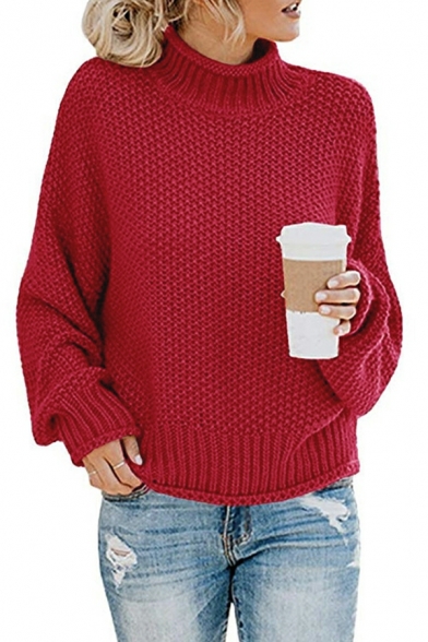 Popular Women Sweater Solid Color Long Sleeves High Neck Rib Hem Baggy Pullover Sweater