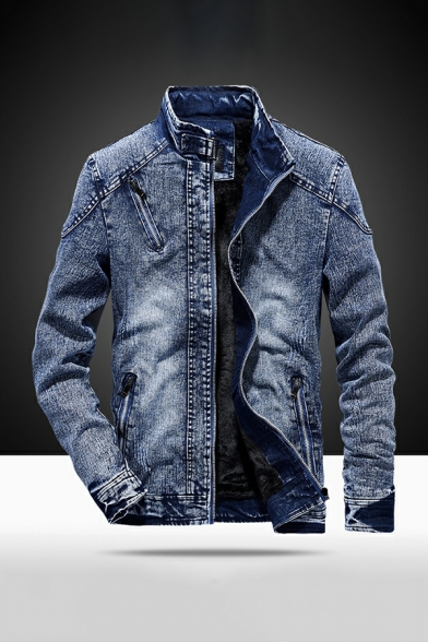 Retro Denim Jacket Winter Men's Fashion Slim Stand Collar Zipper Jacket