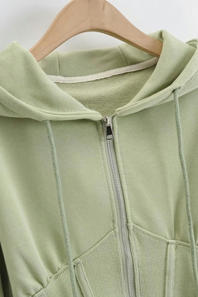Women Fashionable Hoodie Plain Long-Sleeved Regular Drawstring Zip Placket Crop Hoodie