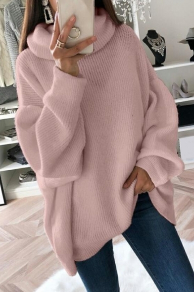 Casual Women Sweater Solid Color Knitted Long Sleeve High Neck Baggy Pullover Sweater