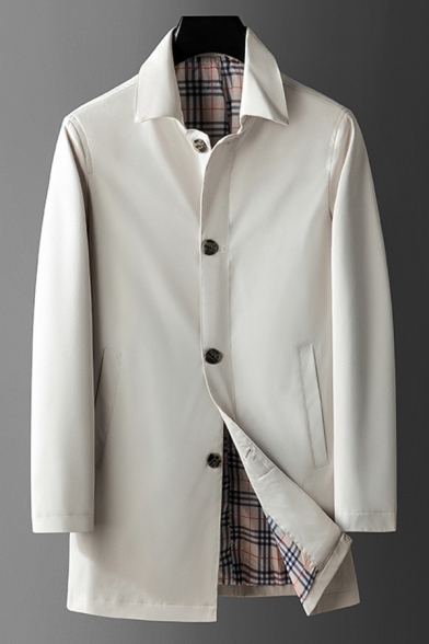 Elegant Men Coat Solid Spread Collar Long-Sleeved Regular Button Closure Trench Coat
