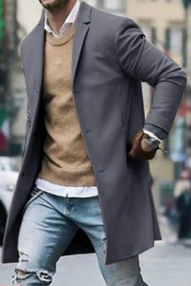 Leisure Guy's Coat Solid Color Lapel Collar Loose Long Sleeve Button Down Trench Coat