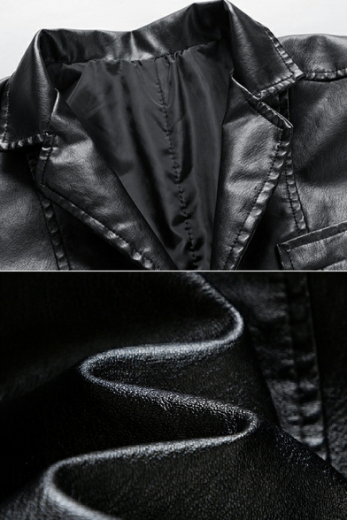 Men Stylish Jacket Pure Color Pocket Lapel Collar Long-sleeved Button Fly Leather Jacket