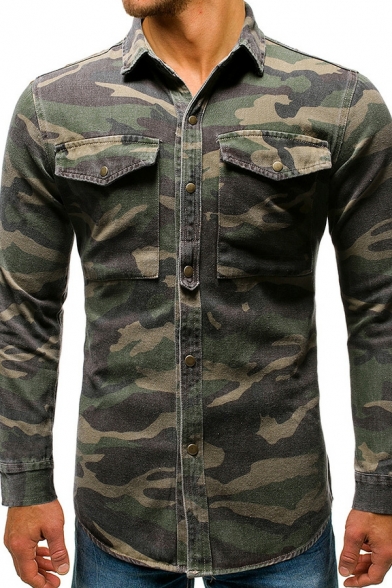 Popular Men's Shirt Camouflage Print Turn-down Neck Long Sleeved Chest Pocket Button Shirt