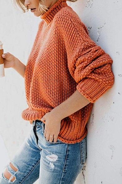 Popular Women Sweater Solid Color Long Sleeves High Neck Rib Hem Baggy Pullover Sweater