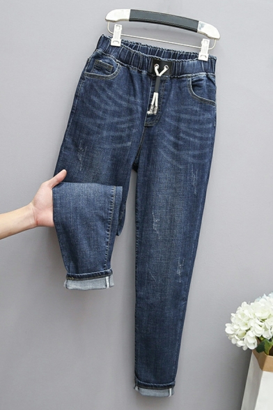 Simple Jeans Pure Color Pocket Drawstring Waist Ankle Length Tapered Jeans for Women