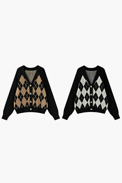 V-neck Cardigan Sweater Women's Loose Long-sleeved Diamond Pattern Knitted Sweater