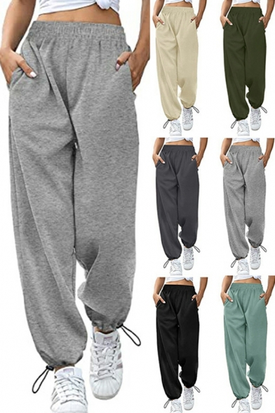 Women Trendy Pants Whole Colored Pocket Drawstring Mid Waist Pocket Long Length Pants