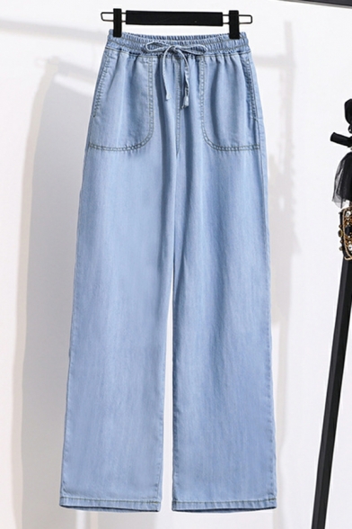 Fashion Girls Jeans Solid Color Pocket Drawstring Long Length High Rise Wide Leg Jeans
