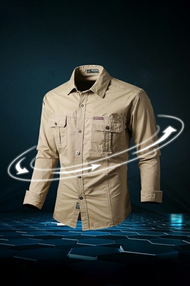 Fashionable Shirt Pure Color Long Sleeve Turn-down Collar Slim Pocket Button Shirt for Men