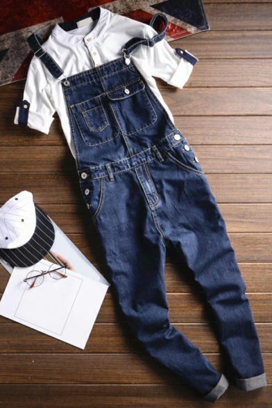 Men Casual Overalls Pure Color Chest Pocket Sleeveless Pocket Regular Fitted Overalls