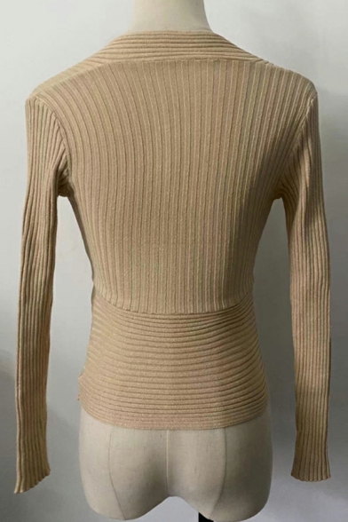 Original Girls Sweater Pure Color Long Sleeve V Neck Slim Fitted Pullover Sweater