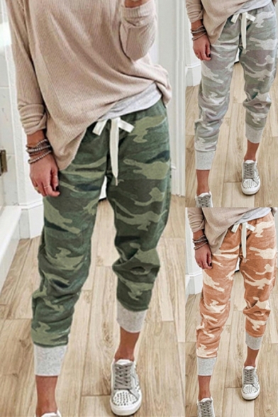 Original Ladies Pants Camouflage Print Drawstring Pocket Mid Rise Ankle Length Pants