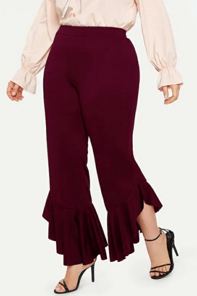 Plus Size Wide Leg Pants Ladies Solid Color Stitching Falbala High Waist Pants