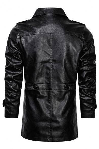 Street Style Guy's Jacket Solid Color Lapel Collar Slimming Button Closure Leather Jacket