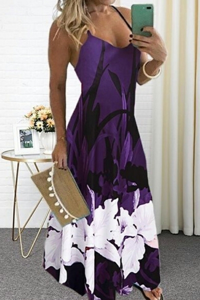 Vintage Dress Floral Print Sleeveless Spaghetti Straps A-Line Dress for Women