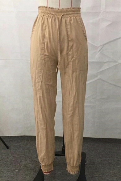 Vintage Pants Pocket Plain High Rise Full Length Drawstring Waist Tapered Pants for Ladies
