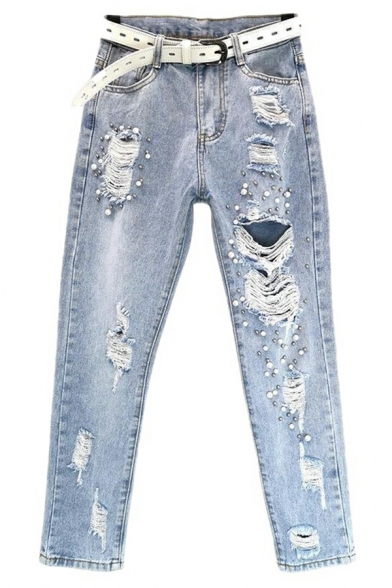 Boyish Jeans Plain Ripped Rhinestones High Rise Ankle Length Zip Closure Jeans for Ladies