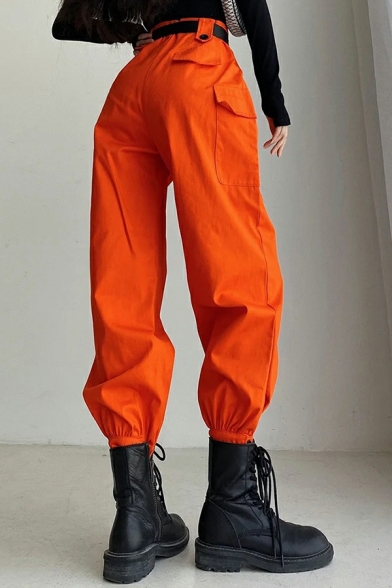 Cozy Ladies Pants Whole Colored High Waist Flap Pocket Long Length Belt Detail Pants