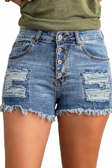 Denim Shorts Summer Women's Casual Breasted High Waist Ripped Shorts