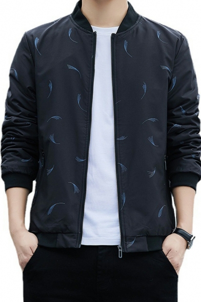 Fashion Coat Feather Printed Pocket Long Sleeve Fitted Zipper Baseball Coat for Guys