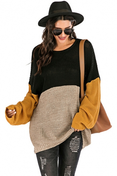 Fashion Sweater Contrast Color Long-sleeved Crew Collar Loose Pullover Sweater for Girls