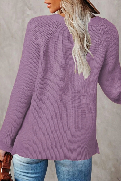 Fashion Sweater Solid Long-sleeved V-neck Loose Button Detail Pullover Sweater for Girls