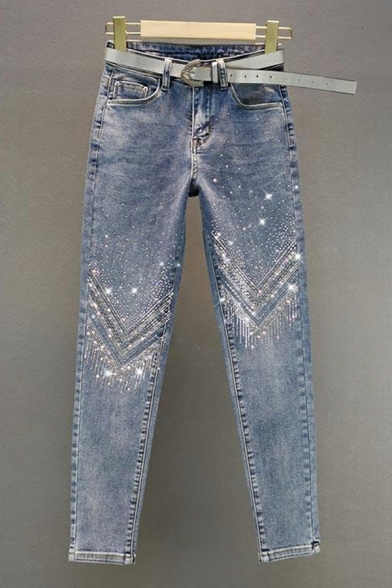 Girls Original Jeans Whole Colored Rhinestones Fitted High Waist Ankle Length Jeans