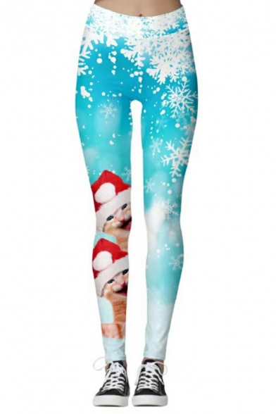 Ladies Boyish Pants 3D Christmas Print High Rise Long Length Elastic Waist Pencil Pants