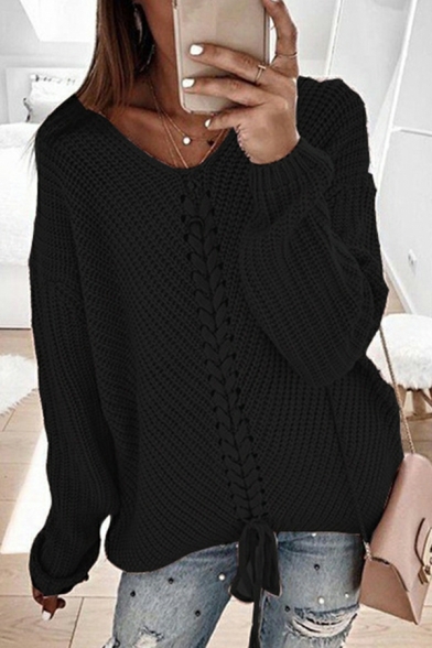 Ladies Trendy Sweater Pure Color Long Sleeves V Neck Fitted Cross Tie Pullover Sweater
