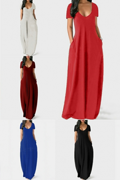 Large Size Dress Women's Short-sleeved Solid Color Sexy V-neck Long Dress