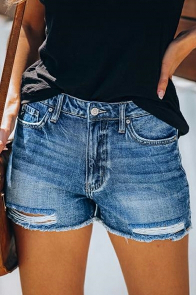Novelty Ladies Shorts Solid Color High Rise Ripped Detailed Denim Zip Placket Shorts