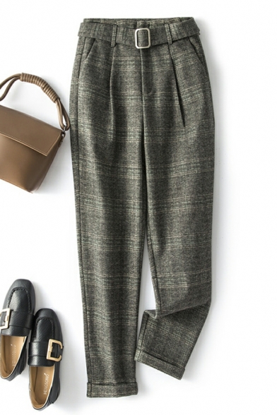 Plaid Woolen Trousers Women's Loose High Waist Thick Straight Trousers