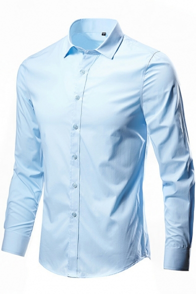 Popular Button Shirt Solid Turn-down Collar Long Sleeve Slim Button-up Shirt for Guys