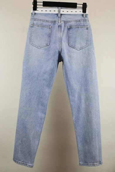 Boyish Jeans Plain Ripped Rhinestones High Rise Ankle Length Zip Closure Jeans for Ladies