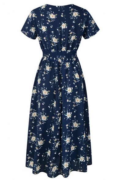 Chic Women's Dress Floral Print Sashes Detail Short Sleeves V Neck Midi A-Line Dress