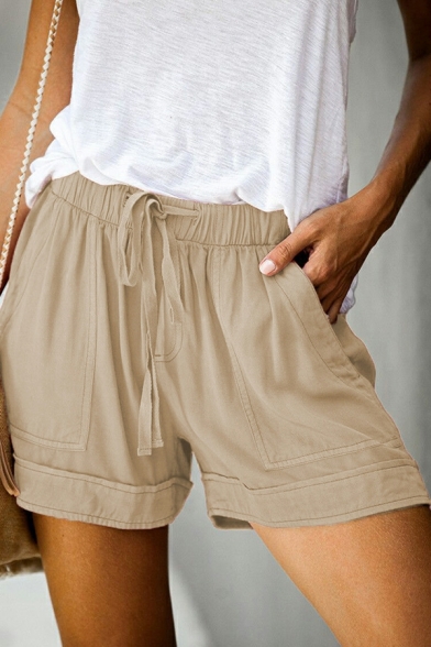 Classic Girls Shorts Solid Color Pocket Front Drawstring High Waist Loose Shorts