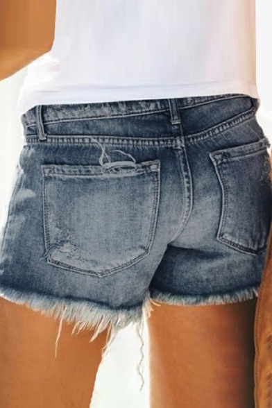 Fashionable Shorts Plain Broken Hole High Waist Pocket Denim Zip Fly Shorts for Girls