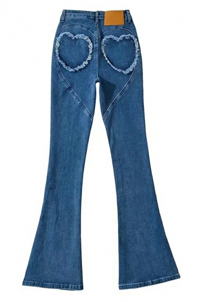 Girls Vintage Jeans Heart Printed Pocket High Rise Full Length Zip down Bootcut Jeans