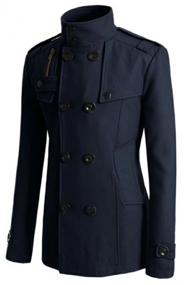 Hot Coat Whole Colored Long-Sleeved Stand Collar Slim Double Breasted Pea Coat for Men