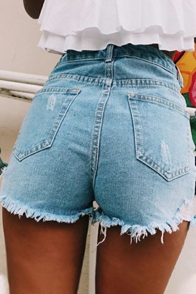 Ladies Fancy Shorts Pure Color Pocket Cut-outs High Waist Zip down Hot Shorts