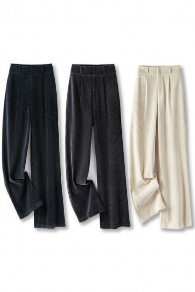 Ladies Stylish Pants Pocket Plain Straight High Rise Full Length Zip Fly Pants