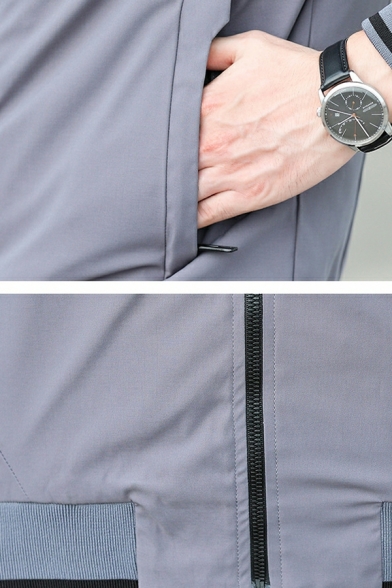 Men Urban Jacket Contrast Striped Long Sleeve Zip-up Stand Collar Baseball Jacket for Men
