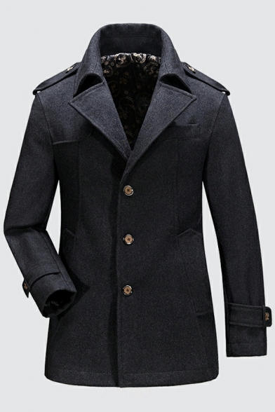 Modern Mens Pea Coat Solid Long-Sleeved Regular Fit Button Placket Lapel Collar Pea Coat