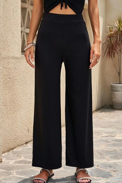 Simple Pants Pocket Solid Color Mid Rise Full Length Loose Wide Leg Pants for Ladies