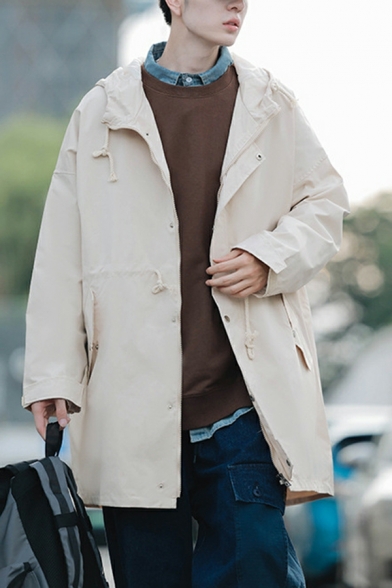 Single Breasted Trench Coat Men Solid Color Basic Designed Loose Fit Trench Coat