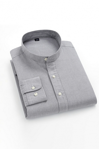 Summer Striped Shirt Men's Long Sleeve Stand Collar Breasted Cotton Shirt