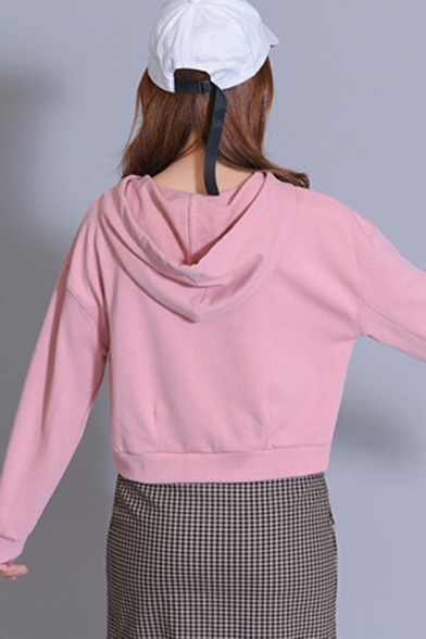 Women Urban Hoodie Pure Color Hooded Fitted Drawstring Long-Sleeved Pocket Hoodie