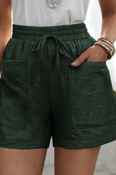 Creative Women Shorts Pure Color Front Pocket Drawstring Waist Mid Rise Shorts